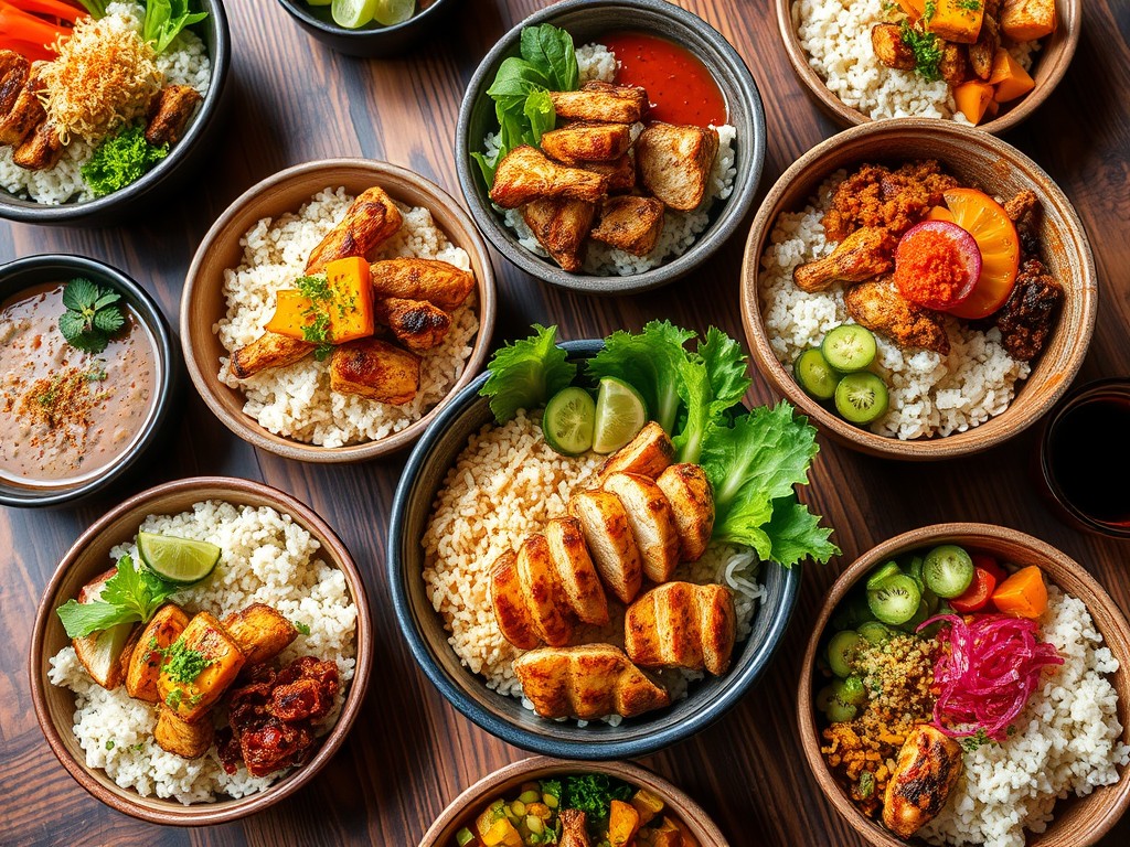 Colorful assortment of rice bowls with grilled chicken, fresh vegetables, and sauces.