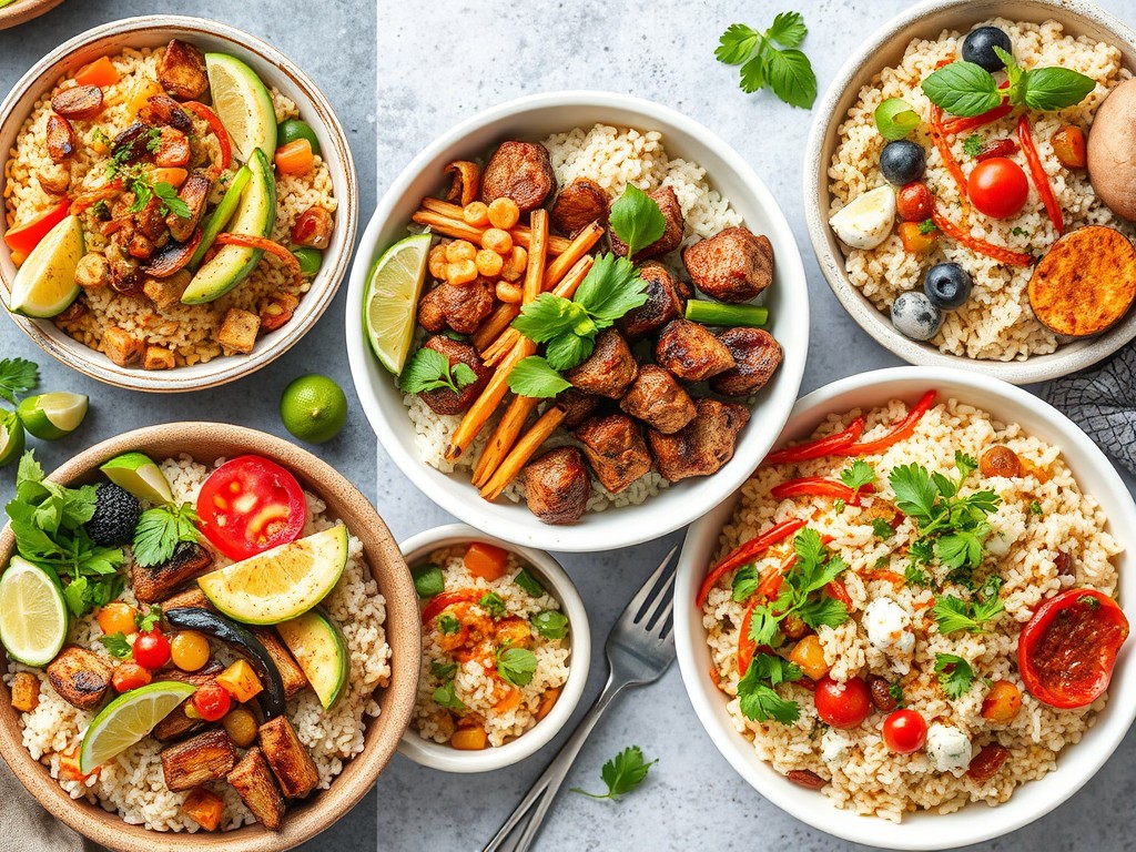 Collage de différents types de rice bowls provenant de diverses cuisines.