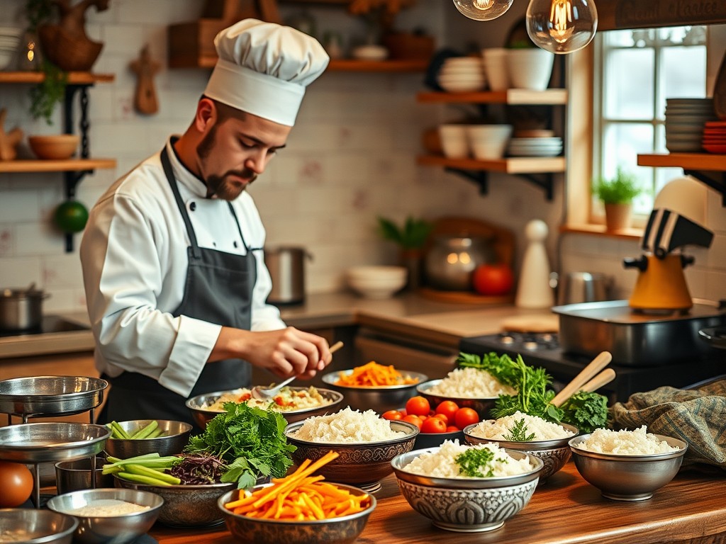 Chef preparing quick and easy rice bowls in a welcoming kitchen.