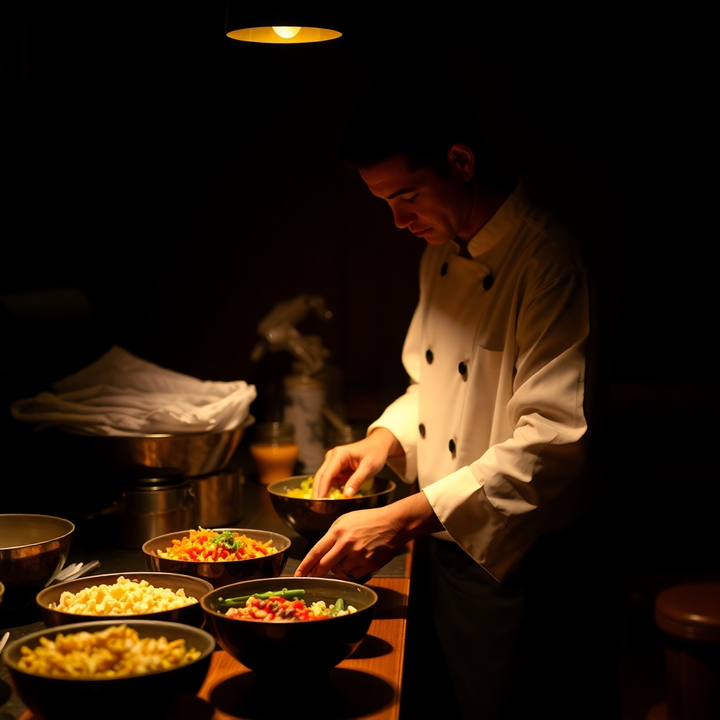 A professional chef skillfully preparing rice bowls in a bright kitchen, chopping fresh vegetables and arranging colorful ingredients.