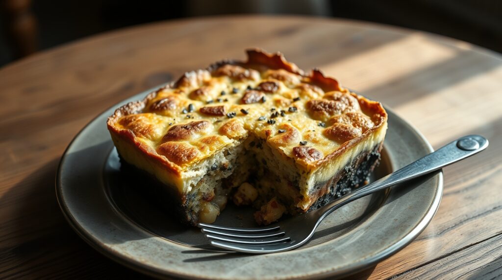 Individual portion of gluten-free breakfast casserole.