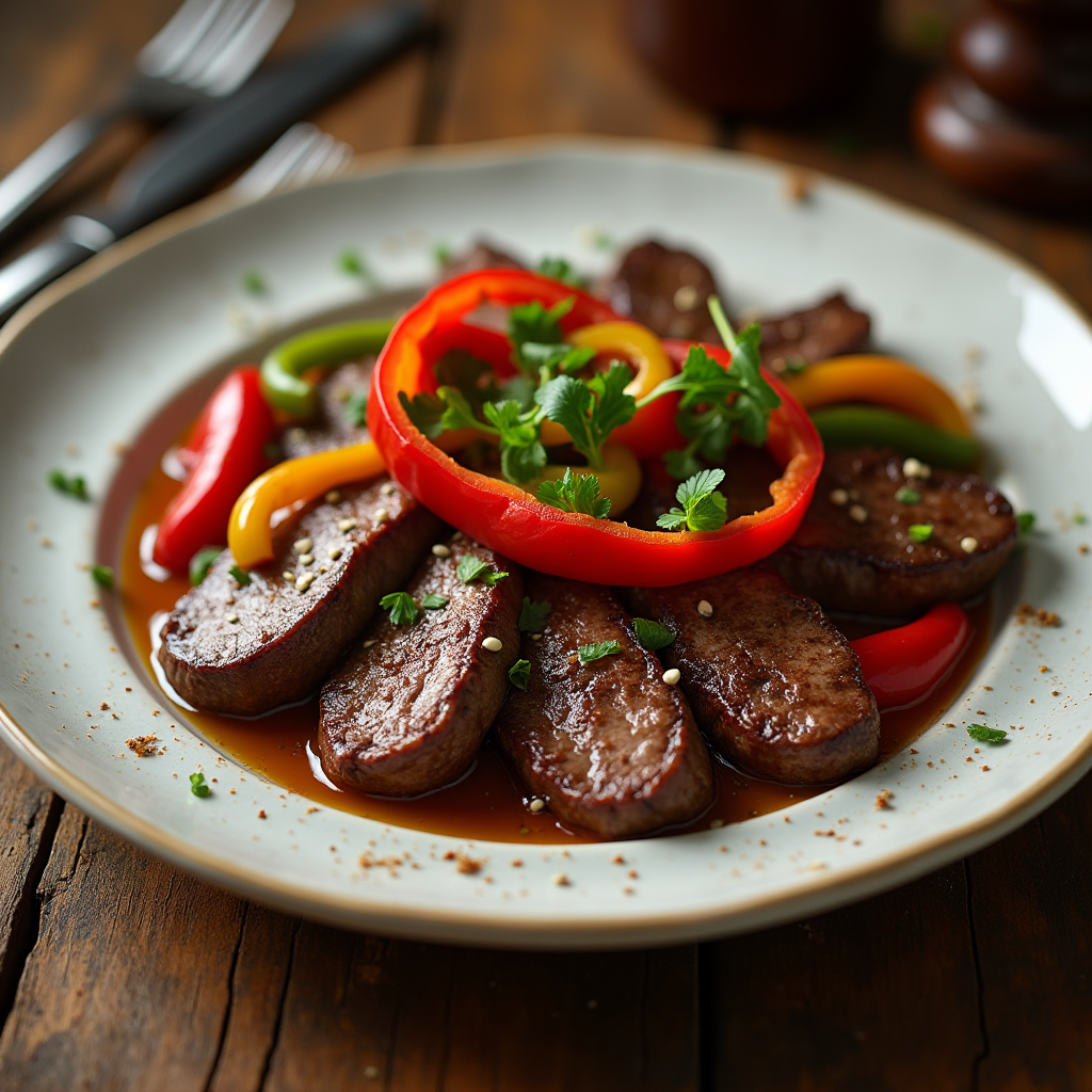 Pepper steak with bell peppers and herbs on a rustic plate.