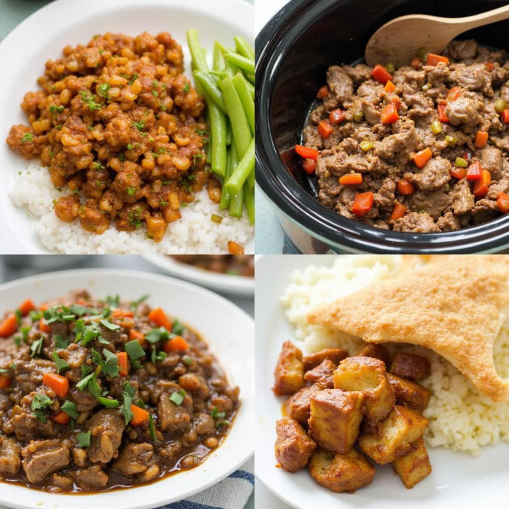 Collage of different pepper steak variations including traditional, crockpot, and vegetarian.