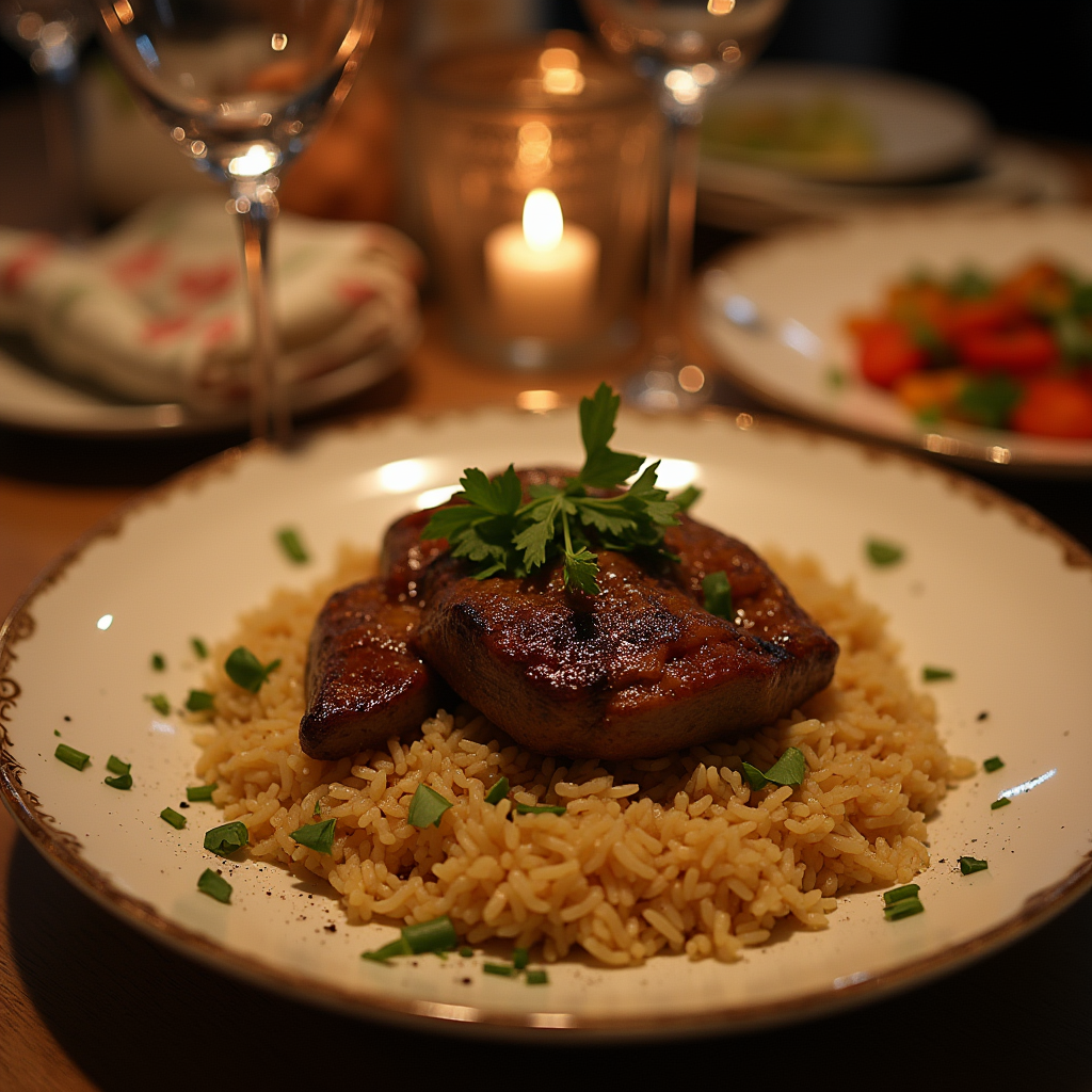 Plated pepper steak with jasmine rice and sautéed vegetables on a dining table.