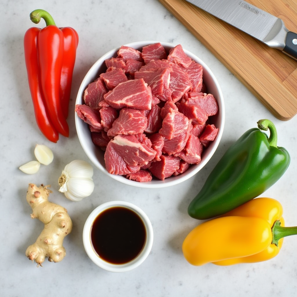 Fresh ingredients for pepper steak including beef, bell peppers, garlic, and soy sauce.