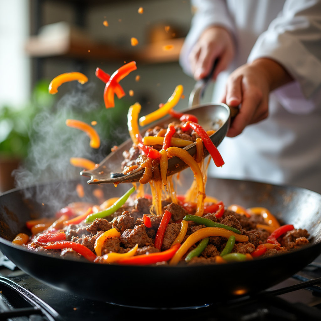 Chef stir-frying pepper steak in a hot wok, with colorful bell peppers flying in the air.