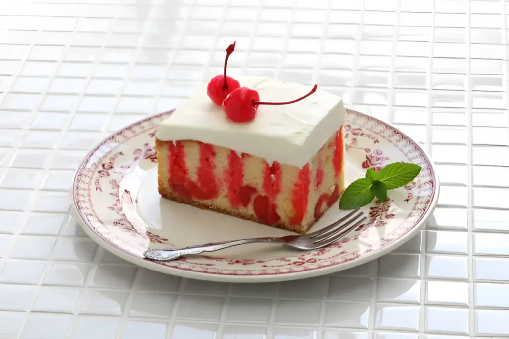 Close-up of a moist poke cake with sauce soaking into the layers, topped with whipped cream and chocolate shavings