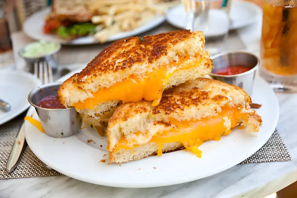 Golden, crispy grilled cheese sandwich with melted cheese inside, served on a rustic wooden plate.