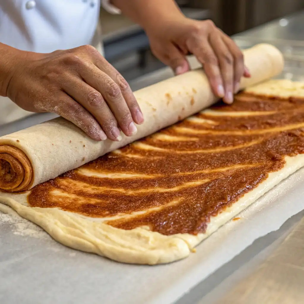 Spreading cinnamon-sugar filling evenly on rolled-out dough.