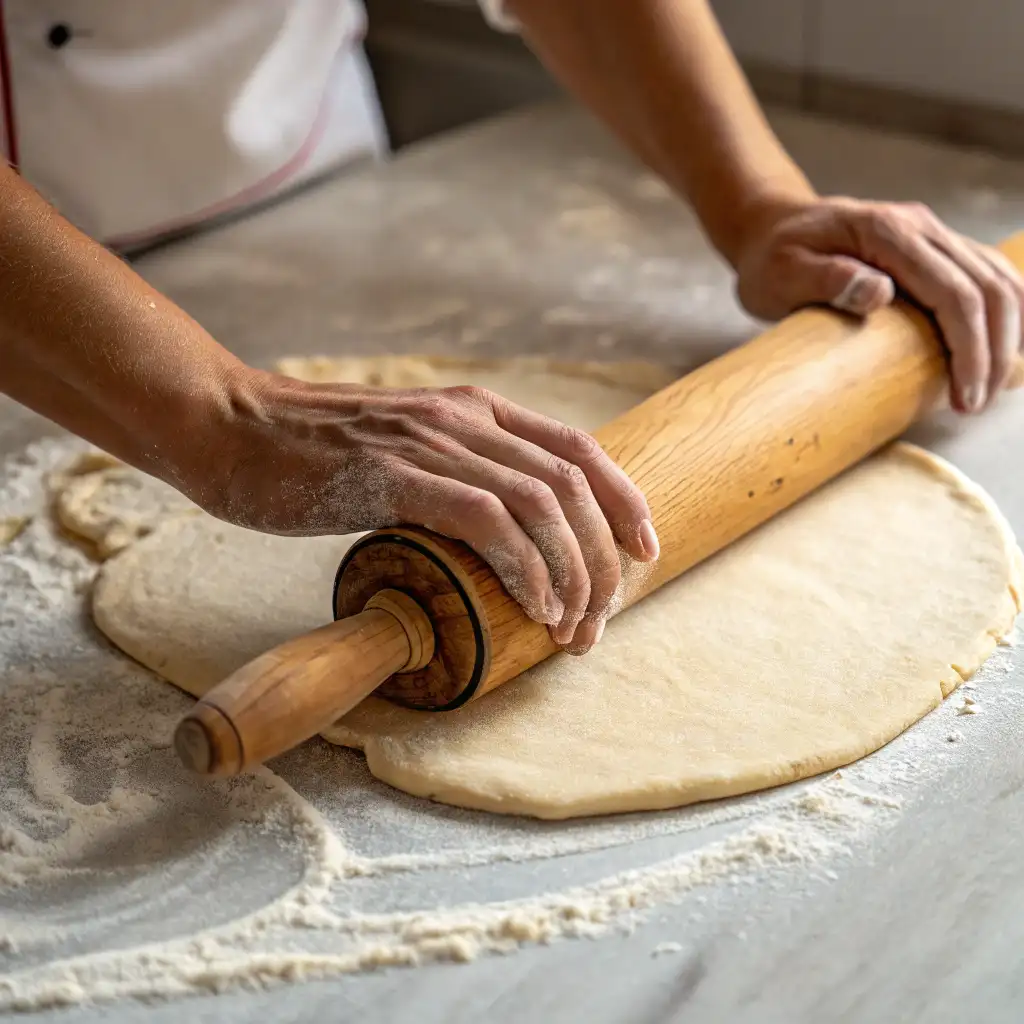 Rolling out cinnamon roll dough evenly with a wooden rolling pin.