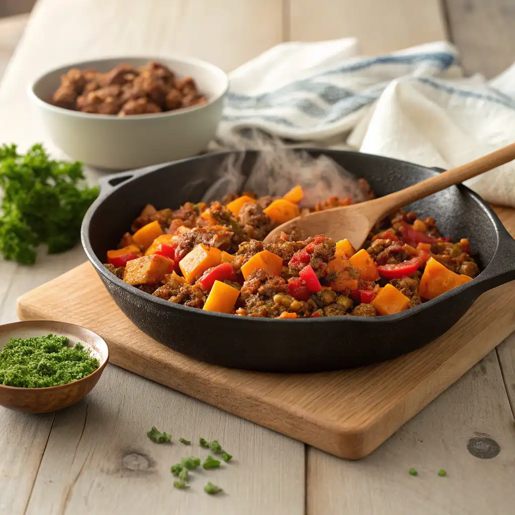 A hearty skillet filled with ground beef, diced sweet potatoes, red bell peppers, and spices, garnished with fresh parsley, showcasing a colorful and nutritious dish.







