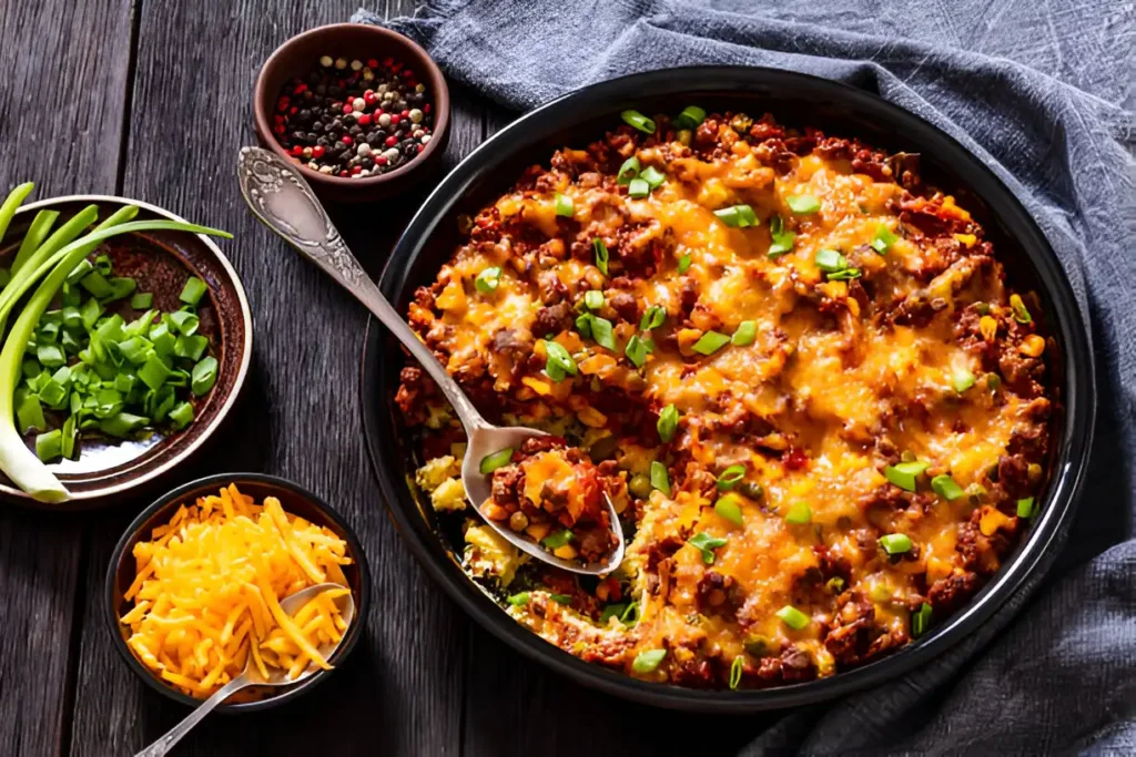 A hearty casserole filled with ground beef, green peas, and a rich tomato sauce, simmering in a rustic pan, ready to be served.