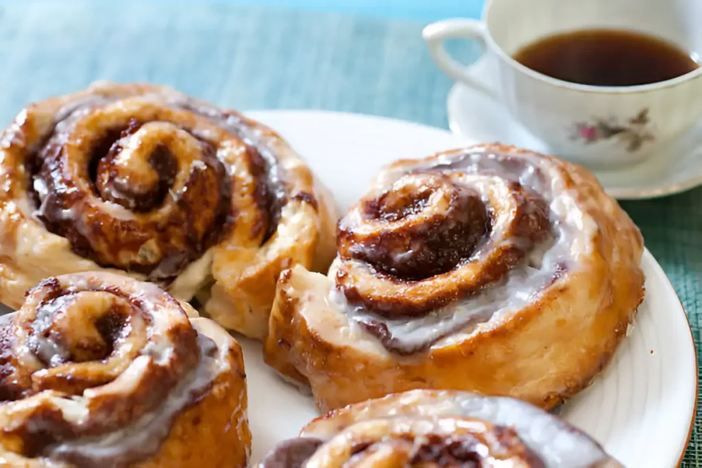 Freshly baked cinnamon rolls with a golden-brown crust, swirled with cinnamon filling, and topped with melting cream cheese glaze.