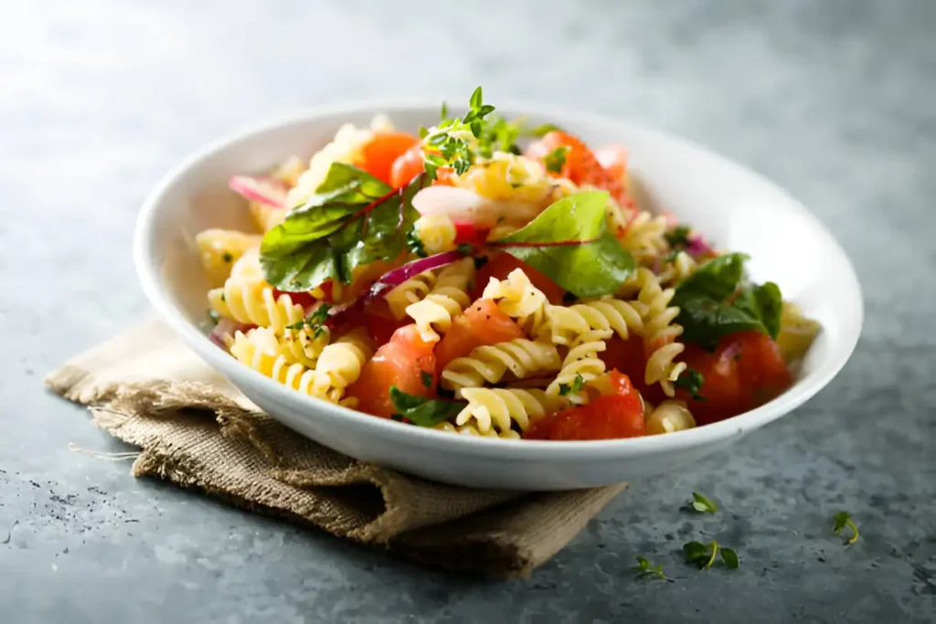 Colorful, refreshing pasta salad with vibrant veggies and creamy dressing.