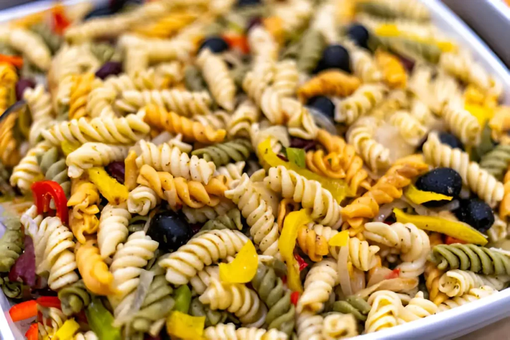 Close-up of fresh ingredients in pasta salad