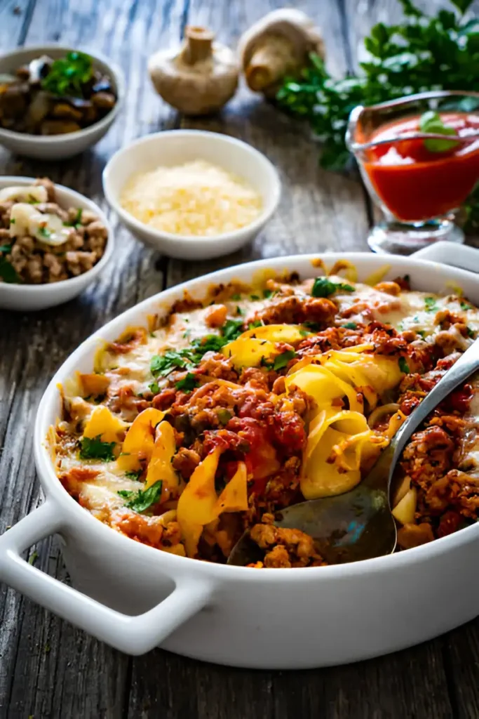 A bubbling cheesy beef and macaroni casserole, topped with golden, melted cheese, served in a rustic baking dish with a spoon ready to scoop up the comforting layers.