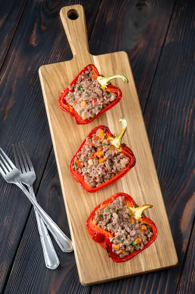 Oven-baked bell peppers stuffed with lean ground beef, quinoa, and herbs, garnished with fresh parsley and served on a rustic wooden plate.